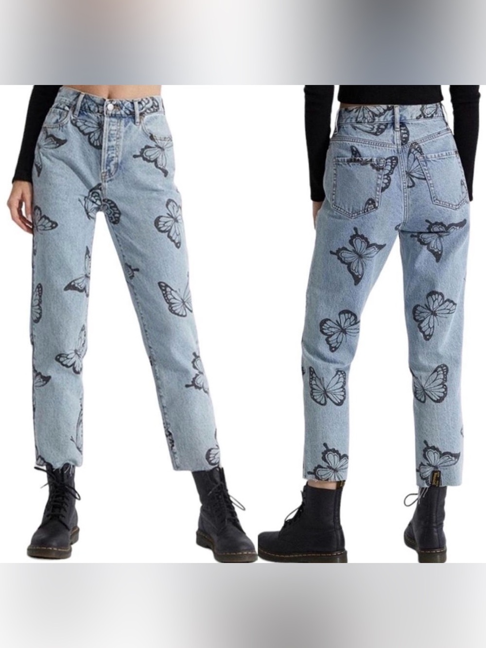 PacSun Light Blue Denim Cropped Jeans with Black Butterfly Print